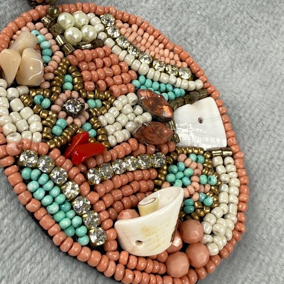 Beaded Multicolor Pendant Necklace Coral Turquoise Gold Colors Shell Accents - Picture 3 of 16